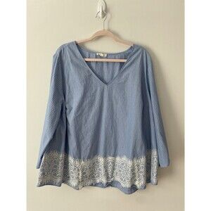 Jane And Delancey Hairlined Blue/white Stripe Lace 3X Blouse Top Officewear